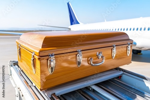 Coffin on airport tarmac, wooden casket placed on luggage cart, somber context highlighting transport and farewell.