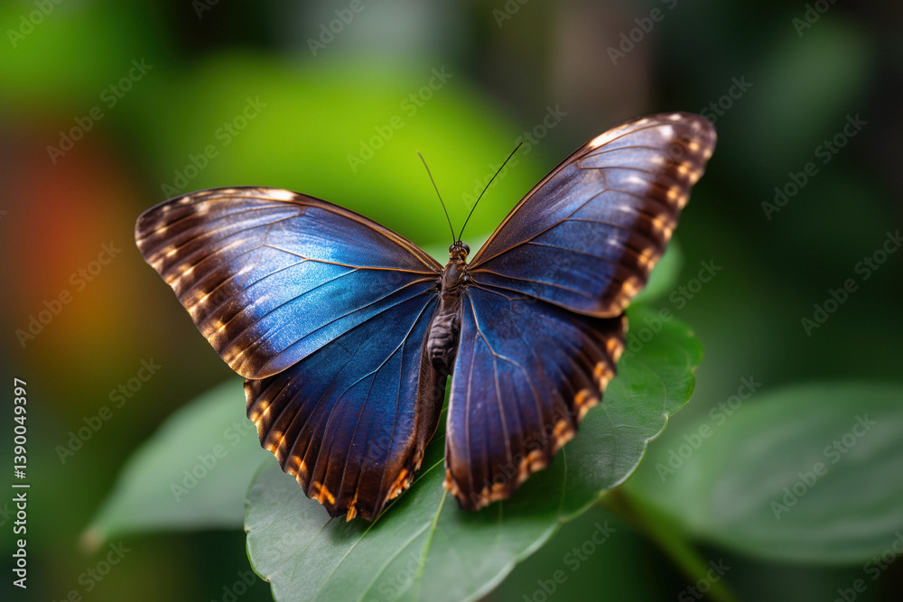 A stunning blue morpho butterfly, possibly a Menelaus blue morpho, with iridescent wings edged in brown and orange, rests on a green leaf.