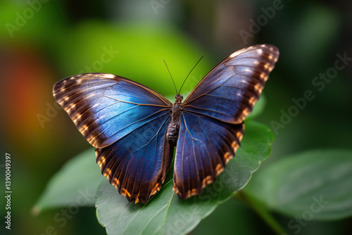 Obraz na płótnie A stunning blue morpho butterfly, possibly a Menelaus blue morpho, with iridescent wings edged in brown and orange, rests on a green leaf. w salonie
