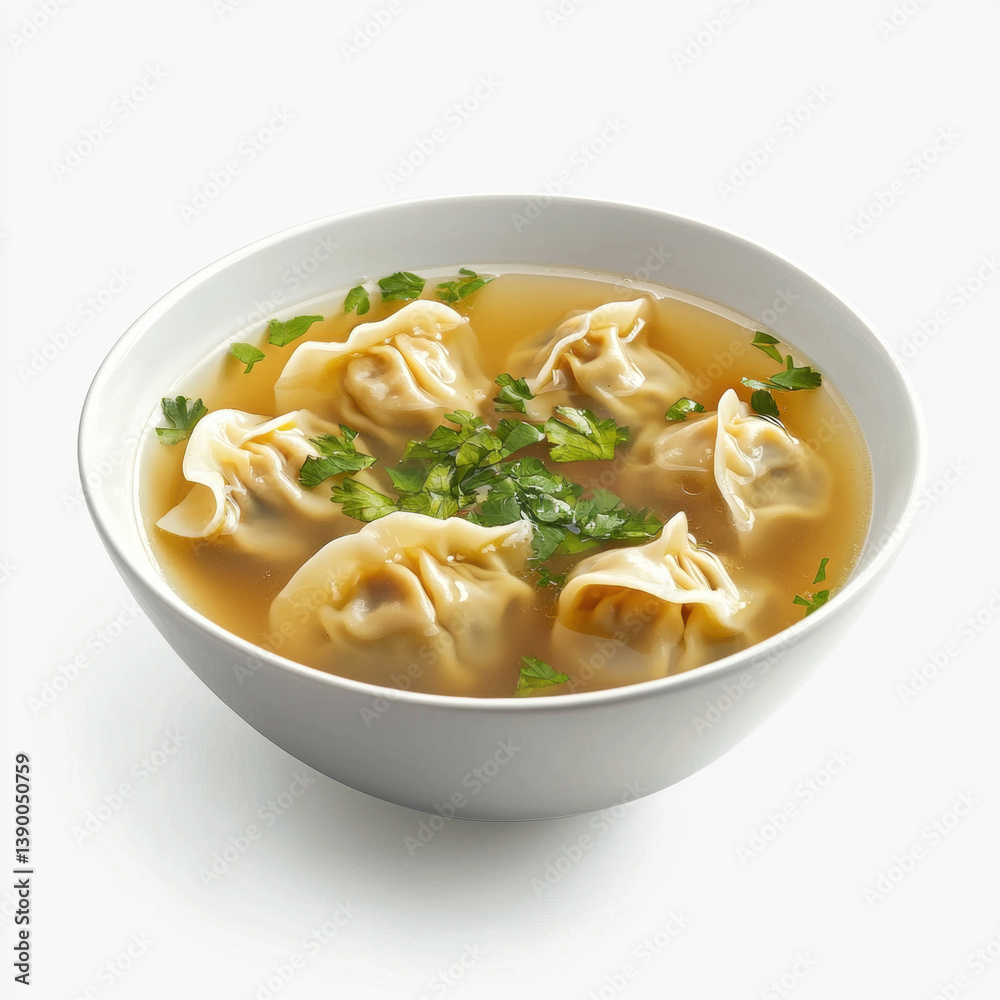 Delicious wonton soup with tender dumplings and fresh herbs, perfect for comforting meal Delicious wonton soup with tender dumplings and fresh herbs, perfect for comforting meal