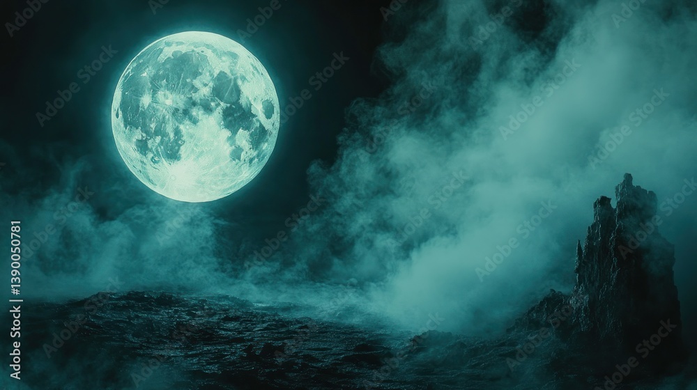 Mystical, moonlit landscape shrouded in fog Mystical, moonlit landscape shrouded in fog