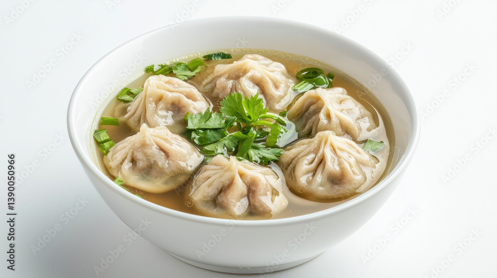 Delicious pork dumpling soup served in white bowl, garnished with fresh herbs and green onions, evokes warmth and comfort Delicious pork dumpling soup served in white bowl, garnished with fresh herbs and green onions, evokes warmth and comfort