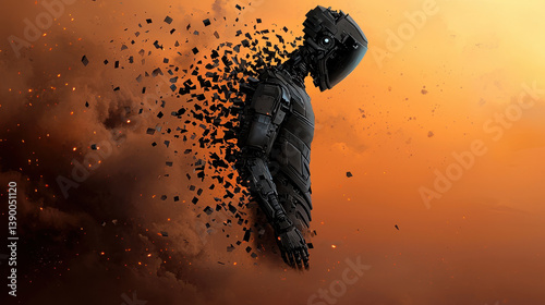 cybernetic figure disintegrates into particles against dramatic orange sky, evoking sense of mystery and transformation