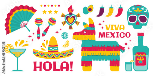 Colorful illustration of  Mexican symbols, such as a pinata, sombrero, maracas, and skull,.Festive atmosphere, vibrant colors, and lively cultural motifs. Viva Mexico. Cinco de mayo. Hola