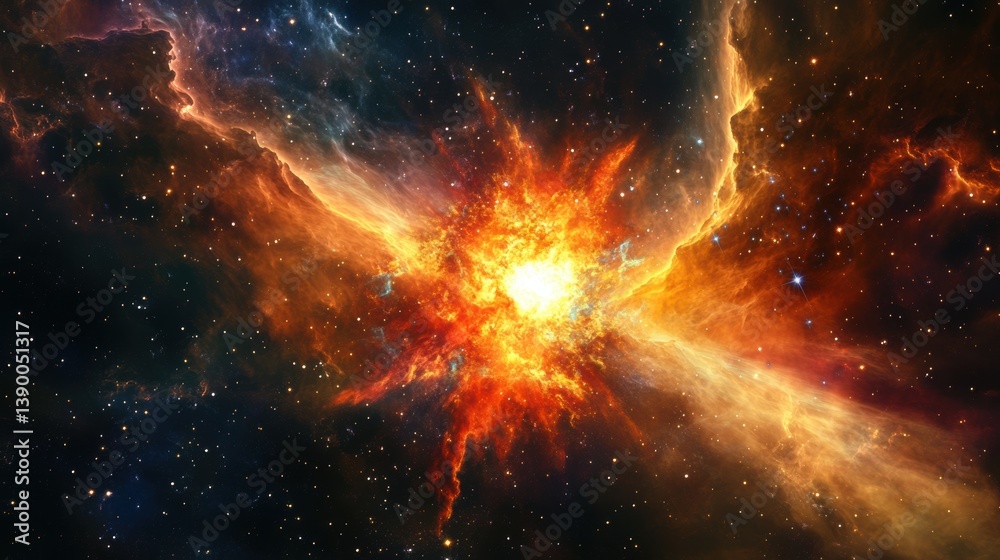 Naklejka premium Stunning Cosmic Explosion in Deep Space Displaying Vivid Colors and Beautiful Nebulae in a Captivating Stellar Background