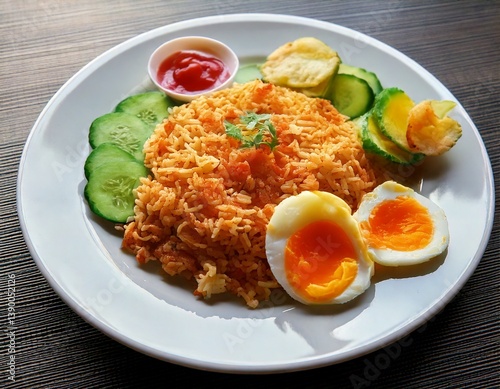 Indonesian fried rice served with fried egg, sliced ​​cucumber, crackers and chili sauce, on a white plate, a traditional breakfast concept