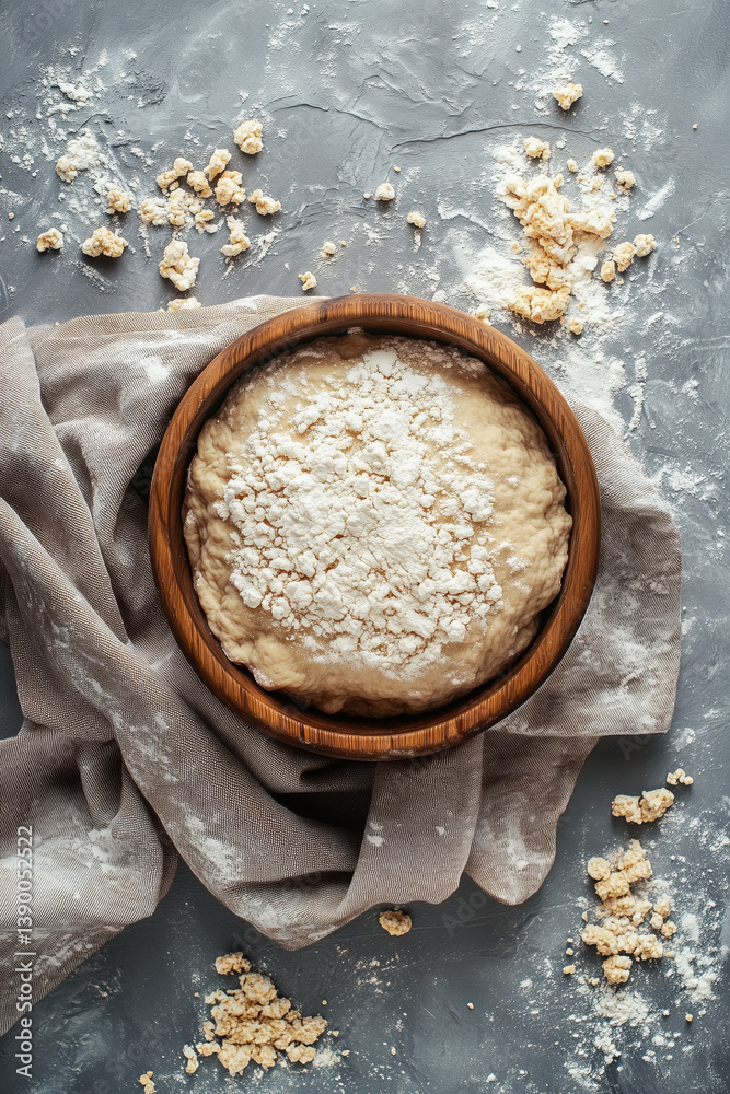 Overhead shot of dough covered in flour in a wooden bowl on a gray surface with scattered crumbs and a cloth.