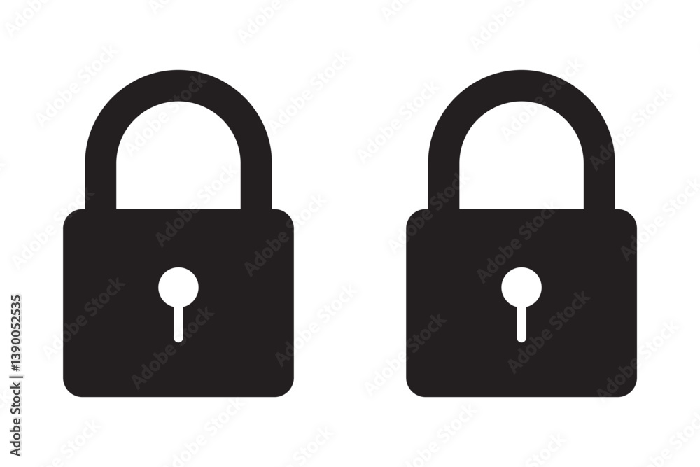 Black isolated icon of locked and unlocked lock on white background. Set of Silhouette of locked and unlocked padlock. Flat design. Black isolated icon of locked and unlocked lock on white background. Set of Silhouette of locked and unlocked padlock. Flat design.
