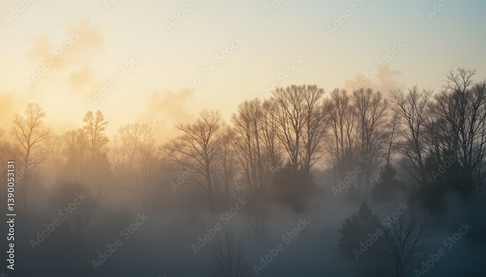 Fototapeta premium Serene morning mist transitioning over trees in a foggy landscape nature photography peaceful environment aerial view tranquility concept