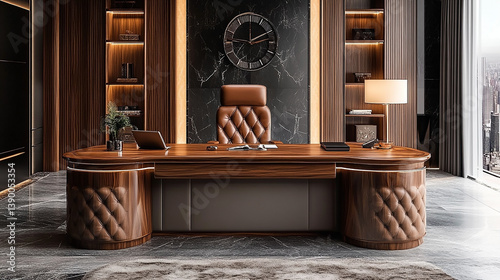 Luxurious executive office with high end teak wood desk and leather accessories. Sophisticated workspace with premium teak furniture and executive style.

 photo