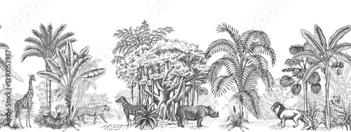 Toile tropical vintage botanical palm trees, banana tree, plants, lion, giraffe, rhino, leopard, zebra animal seamless border. Graphic jungle mural.