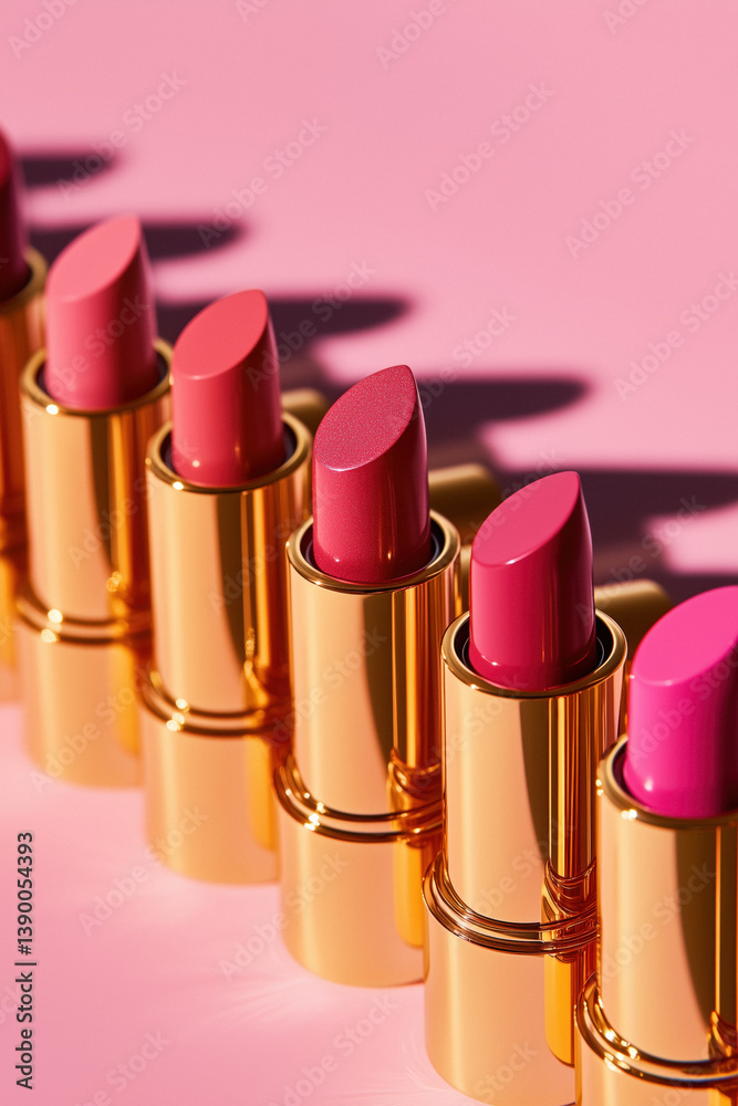 A row of elegant lipsticks in varying shades of pink with golden tubes, casting shadows on a light pink surface.