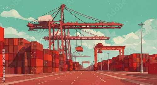 A vibrant illustration of a busy port scene, with cargo cranes and shipping containers filling the view