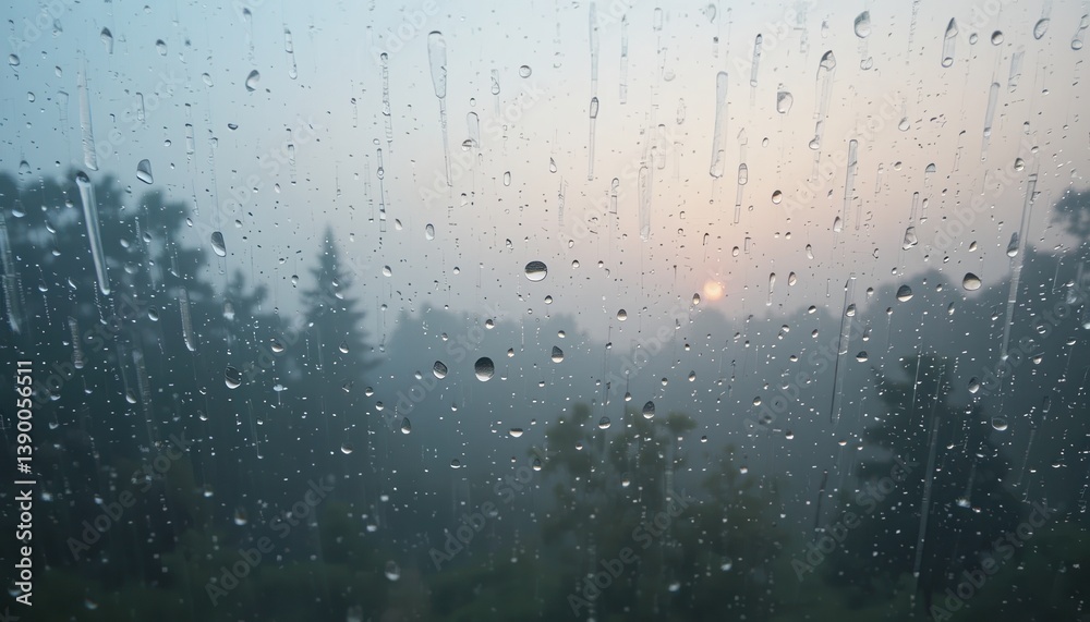 Obraz premium Rainy sunset view through window nature scene tranquil atmosphere outdoor setting soft focus serene concept for relaxation