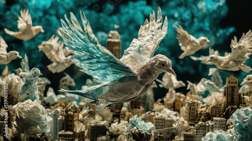 A bird in flight over a cityscape.