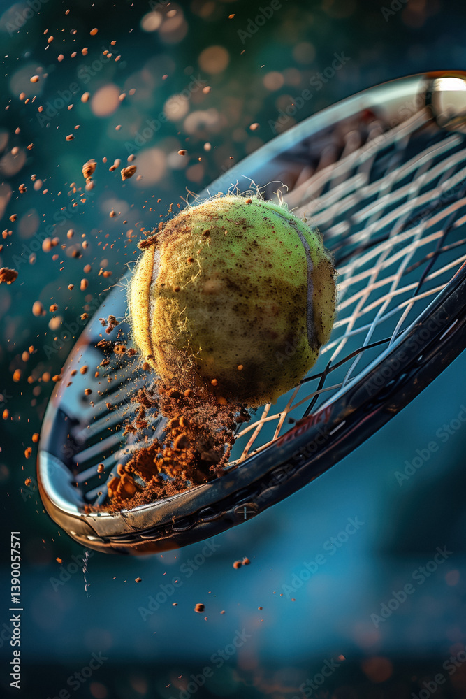 A tennis ball makes contact with a racket, sending up a spray of clay dust in a dynamic action shot.
