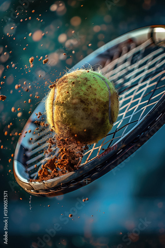 Obraz na płótnie A tennis ball makes contact with a racket, sending up a spray of clay dust in a dynamic action shot. w salonie