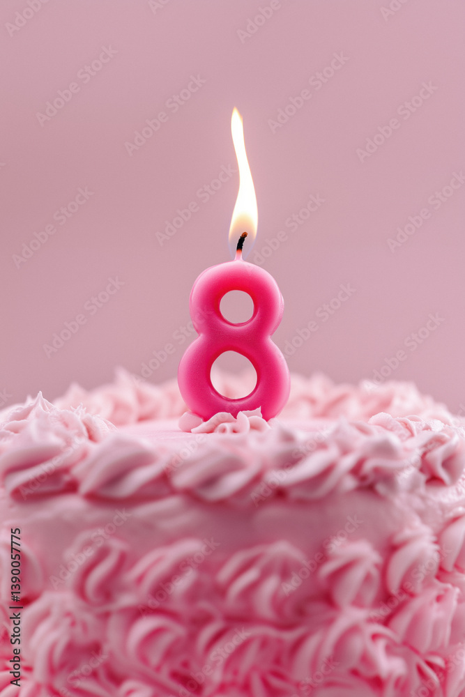 A pink frosted cake with a lit pink candle shaped like the number eight on top, against a matching pink background.