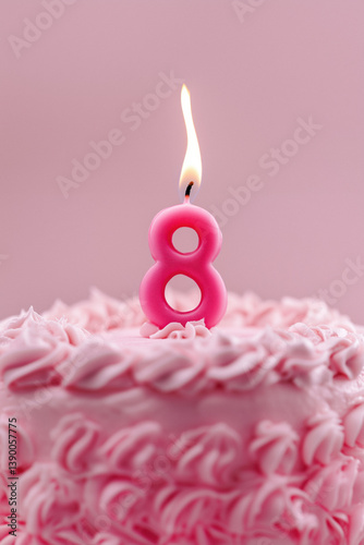 Obraz na płótnie A pink frosted cake with a lit pink candle shaped like the number eight on top, against a matching pink background. w salonie