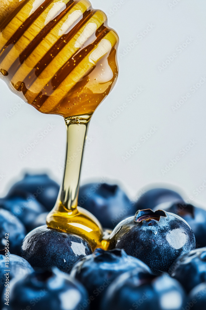 Honey dripping from a wooden dipper onto a pile of fresh, dark blue blueberries.