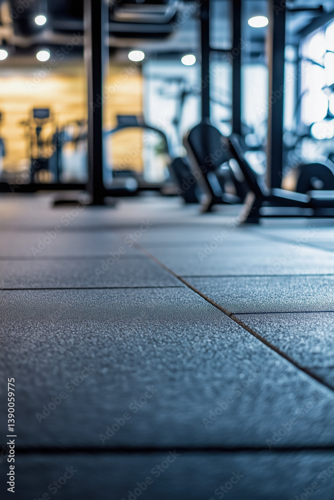 Close-up of the textured rubber flooring in a gym, with blurred exercise equipment in the background.
