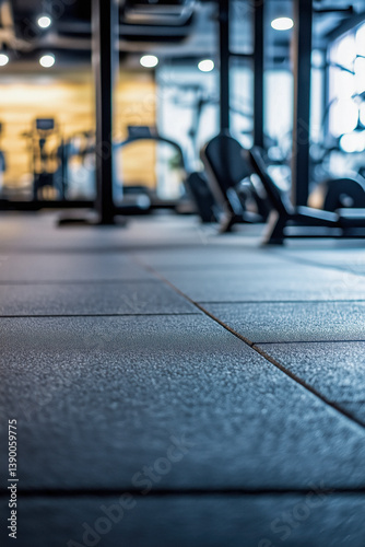 Obraz na płótnie Close-up of the textured rubber flooring in a gym, with blurred exercise equipment in the background. w salonie