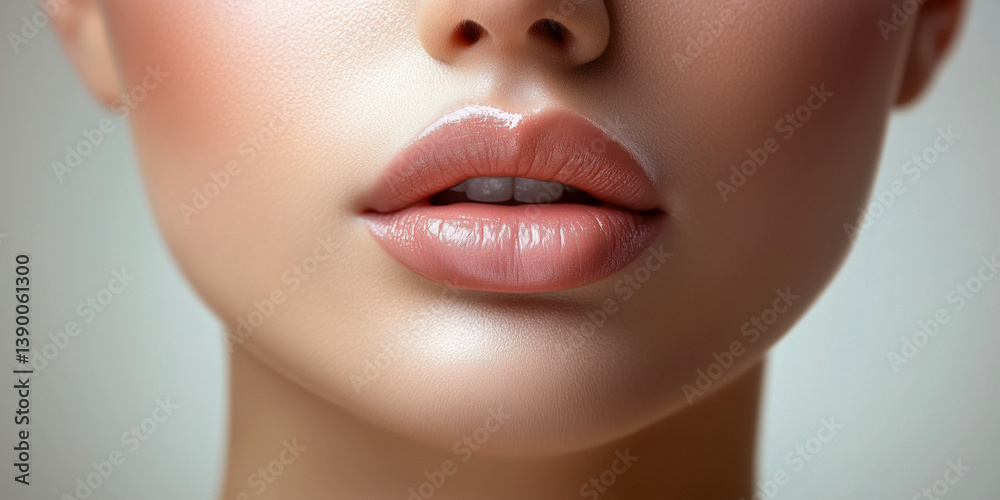 Close-up of full, glossy lips with a natural, nude color and soft skin.