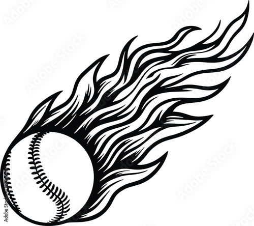 Baseball ball on fire. Baseball softball ball vector illustration with hot rod flames. 