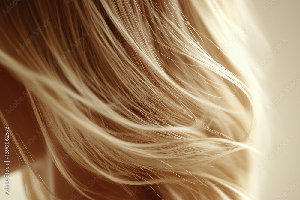 A close-up of flowing, light blonde hair with soft highlights and a gentle wave.