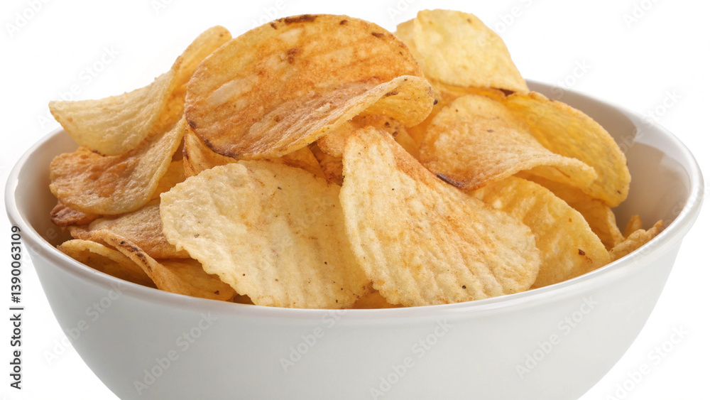 Studio shot of crunchy potato chips in white bowl, highlighting color and texture for branding. Studio shot of crunchy potato chips in white bowl, highlighting color and texture for branding.
