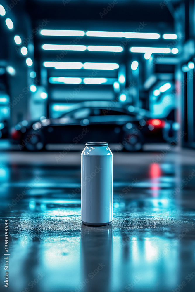 A blank plain white mockup aluminum can stands on a wet, reflective surface in a neon-lit garage with a blurred black car in the background.