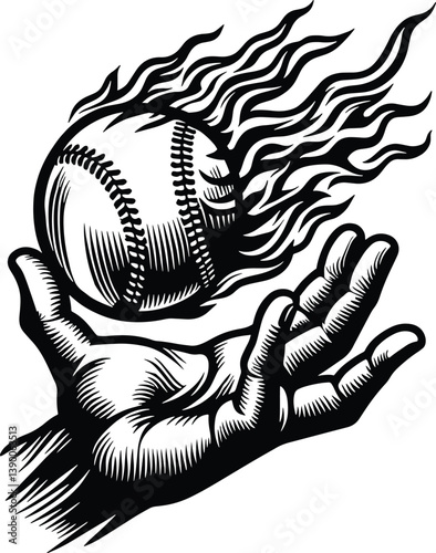 Silhouette of baseball ball on fire in hand design. Baseball softball with flames in hand silhouette