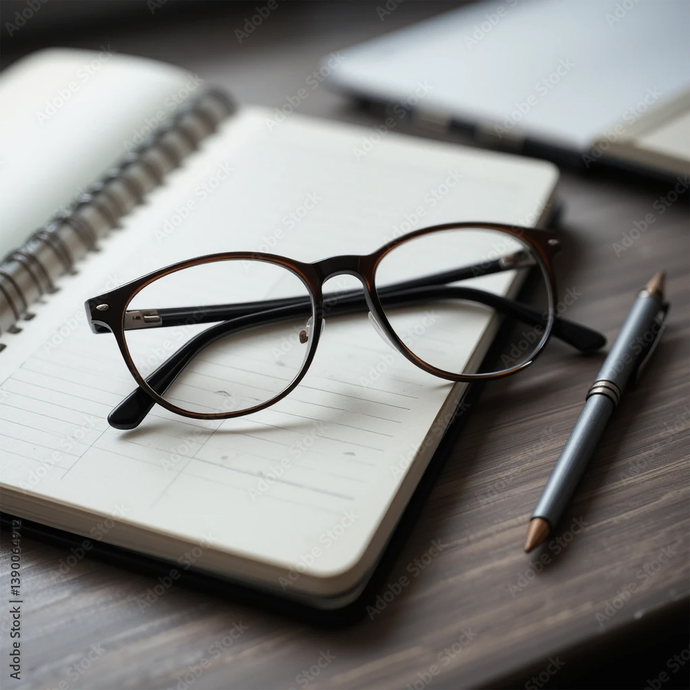 Glasses and a Notebook on a Desk – Minimalist Work Setup – Generative AI Glasses and a Notebook on a Desk – Minimalist Work Setup – Generative AI