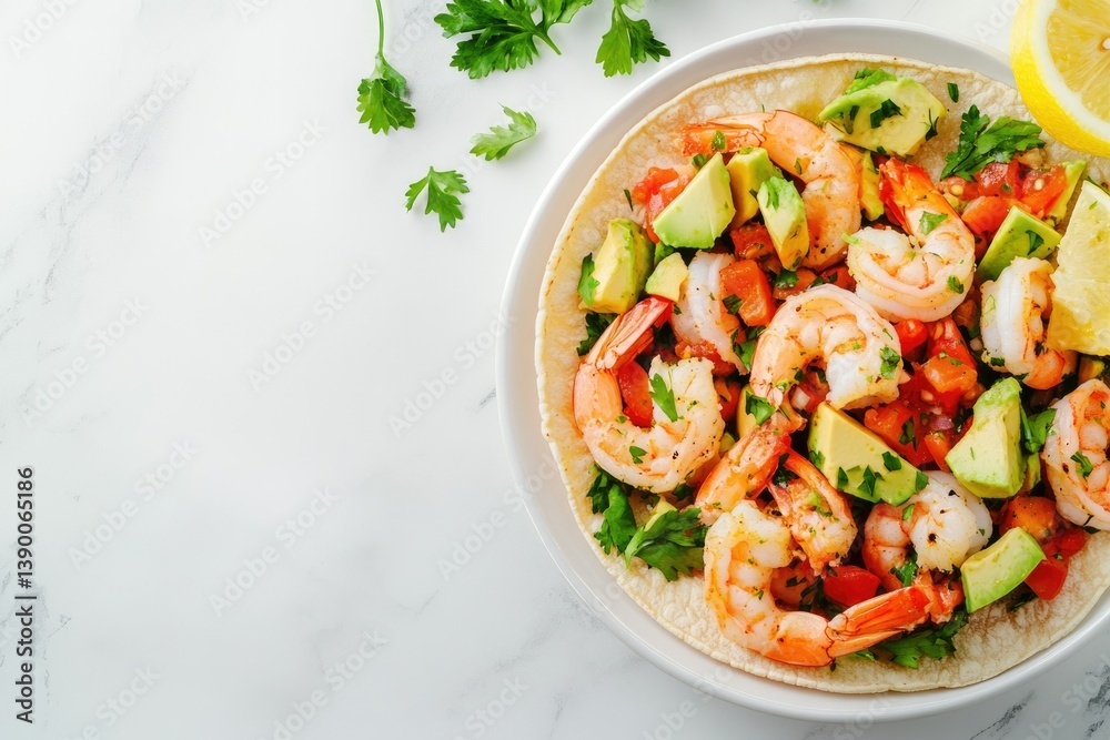 Shrimp taco with avocado and tomato salsa, a vibrant and delicious Mexican-inspired dish. Shrimp taco with avocado and tomato salsa, a vibrant and delicious Mexican-inspired dish.