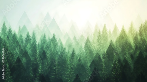 Misty green forest landscape with sunlit peaks.