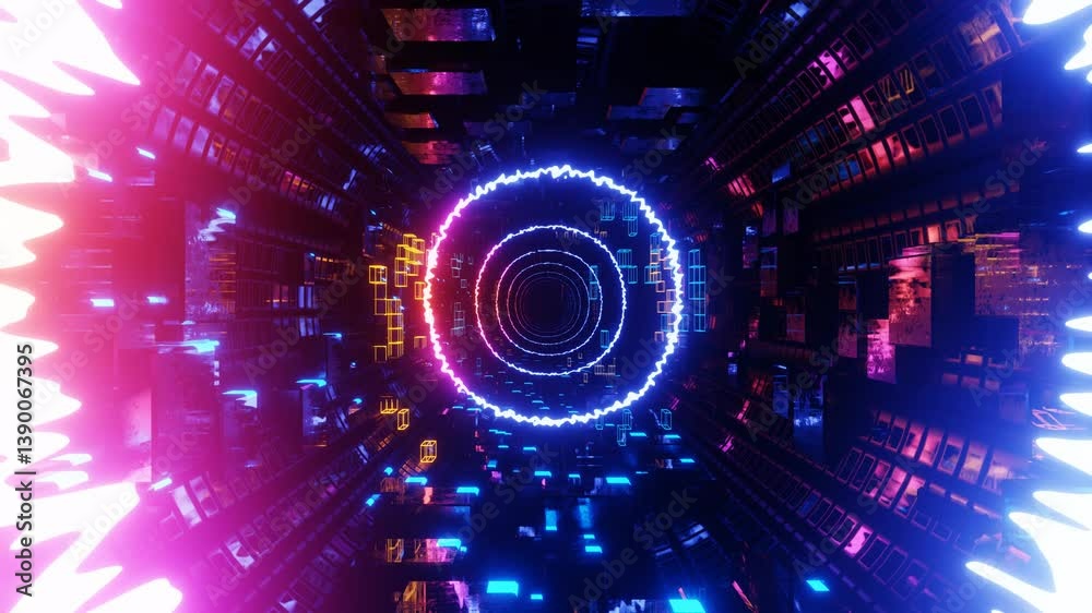 80's neon light style flight. Hi-tech neon sci-fi tunel. Trendy neon glow lines form pattern and construction in mirror tunnel. Fly through technology cyberspace. 3d looped seamless 4k bright bg.