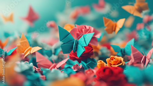 A vibrant display of origami flowers and butterflies in various colors.