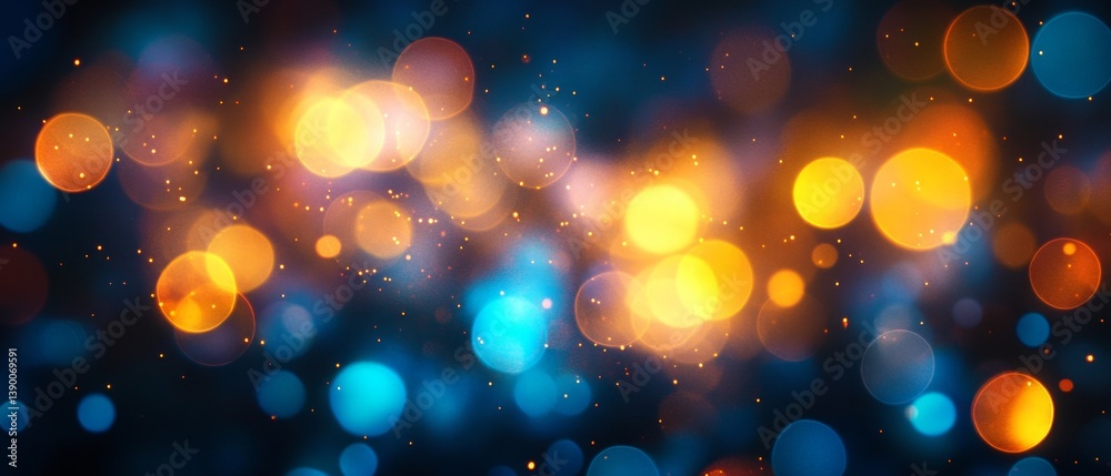 Defocused blue yellow orange radiance soft texture on dark black abstract empty space background. Neon blur glow. Color light overlay. Copy space.
