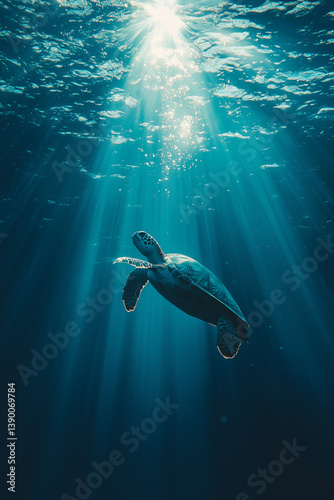 Turtle swimming in crystal clear ocean under bright sunlight  