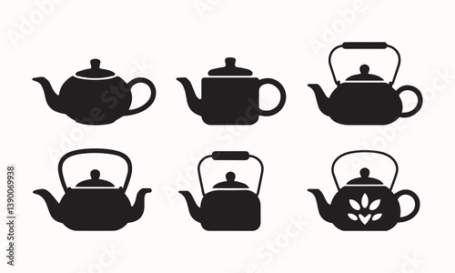 Vector Silhouette Teapot Icons in Various Shapes for Kitchen and Tea Designs, Teapot Silhouettes in Various Classic and Modern Designs for Kitchen Icons