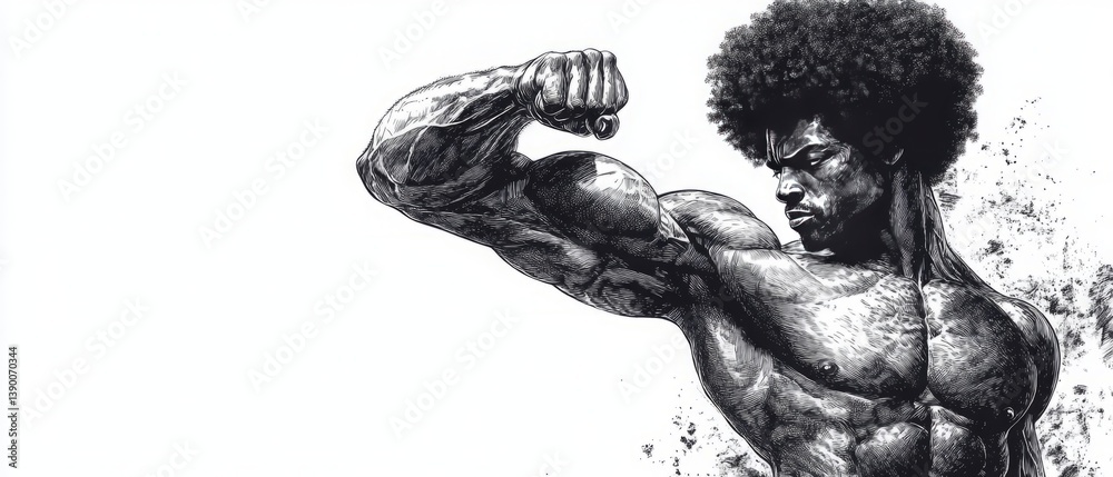 Muscular man with afro flexing bicep, symbol of strength and fitness, sketch engraving, black and white PNG