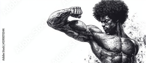 Obraz na płótnie Muscular man with afro flexing bicep, symbol of strength and fitness, sketch engraving, black and white PNG w salonie