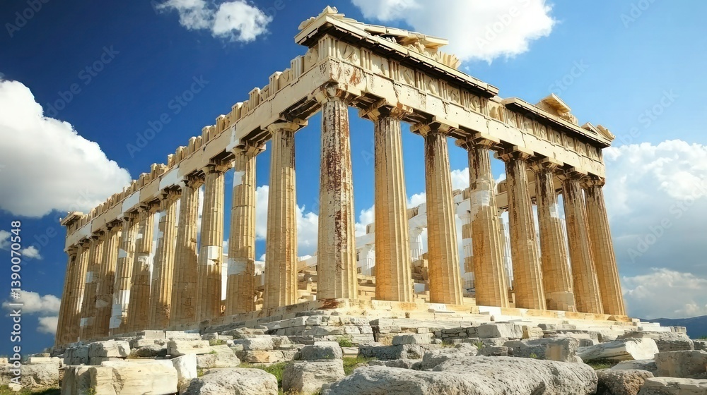 Obraz premium Ancient Greek temple, majestic columns against a vivid blue sky