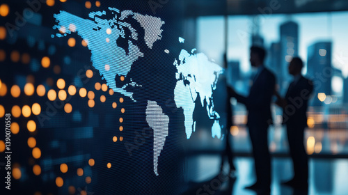 digital world map with silhouettes of businesspeople in modern office setting, symbolizing global business and international investment