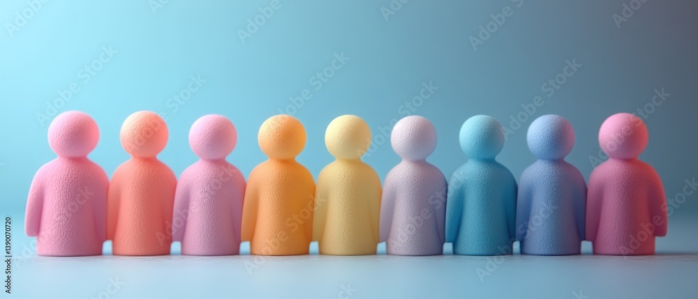 Two groups of pastel-colored 3D figures divided by a line, representing gender segregation or diversity.