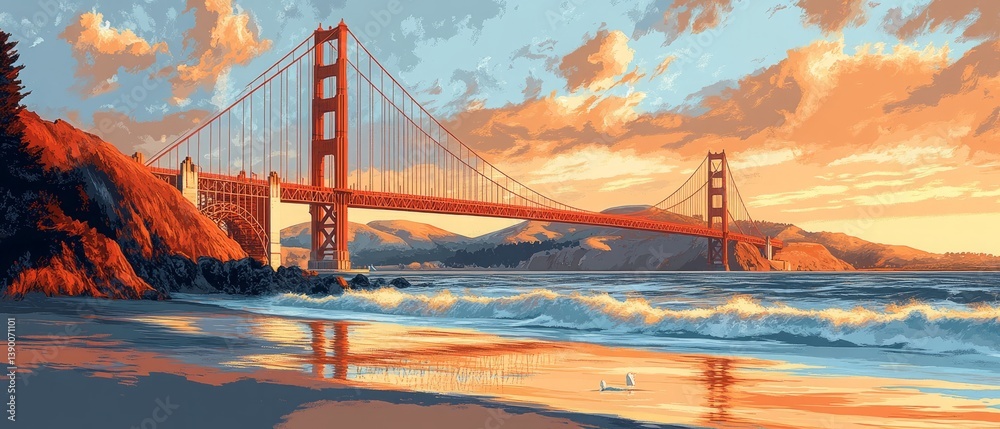 Illustration of the Golden Gate Bridge in California. png architectural illustration of the Golden Gate Bridge landmark in the USA