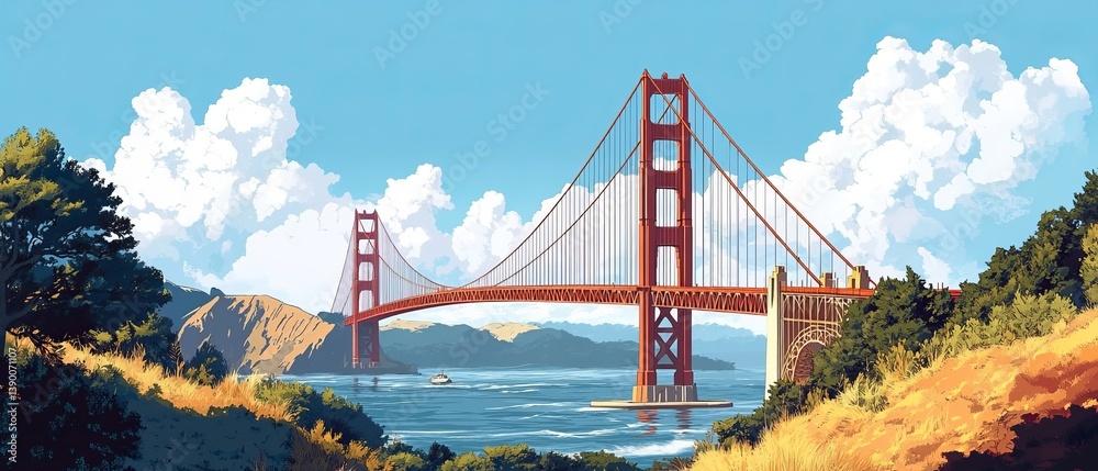 Illustration of the Golden Gate Bridge in California. png architectural illustration of the Golden Gate Bridge landmark in the USA