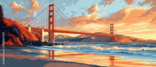 Obraz na płótnie Illustration of the Golden Gate Bridge in California. png architectural illustration of the Golden Gate Bridge landmark in the USA w salonie