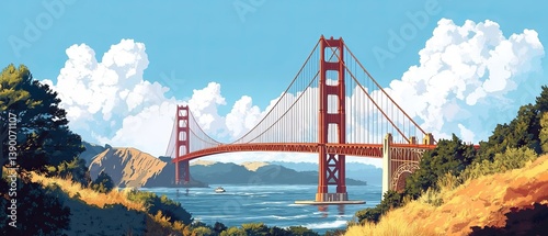 Obraz na płótnie Illustration of the Golden Gate Bridge in California. png architectural illustration of the Golden Gate Bridge landmark in the USA w salonie