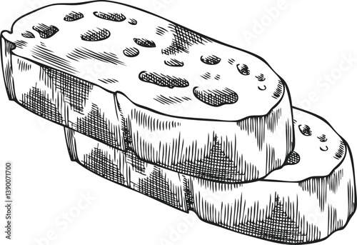 Bread slices vector sketch, engraved hand drawn wheat loaf bakery two pieces, fresh ruddy toast, sandwich ingredient